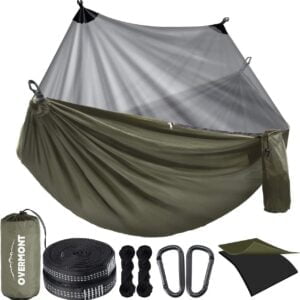 Hamak Overmont z moskitierą, dwuwarstwowy z nylonu spadochronowego, certyfikowany przez TÜV, nośność do 400 kg, oddychający, idealny na kemping, podróże, trekking i do ogrodu