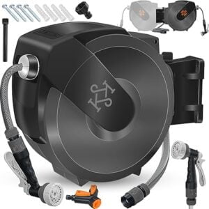 KESSER® Bęben na wąż ogrodowy z 30-metrowym wężem | montowany na ścianie bęben na wąż wodny | uchwyt ścienny | obrót o 180° i automatyczne zwijanie | pudełko na wąż