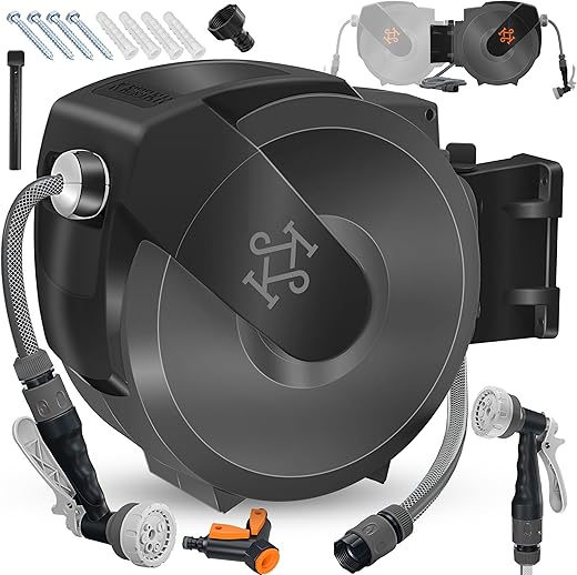 KESSER® Bęben na wąż ogrodowy z 30-metrowym wężem | montowany na ścianie bęben na wąż wodny | uchwyt ścienny | obrót o 180° i automatyczne zwijanie | pudełko na wąż