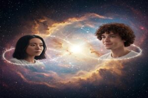 Plecak szkolny dla nastolatka z laptopem i książkami na tle szkolnego korytarza