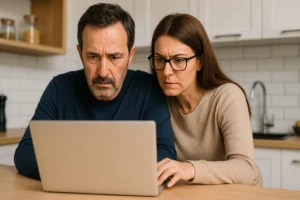 Nowoczesne słuchawki nauszne leżące na biurku obok laptopa w jasnym biurze domowym